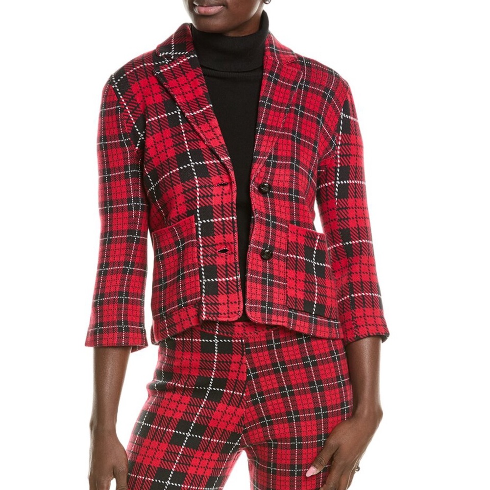 Minnie Rose Mixed Plaid Blazer Size M Women Cotton Blend 3/4 Sleeve Pockets